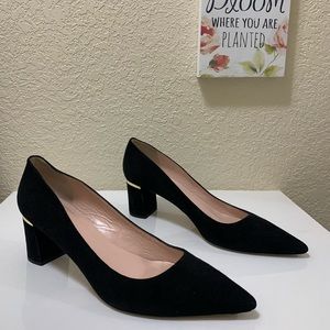 Kate Spade Suede Black and Gold pointed toe heels